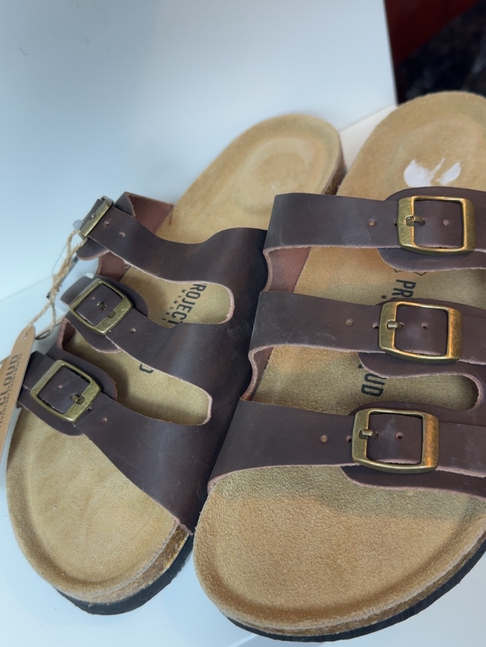Women’s Triple-Buckle Brown Leather Slide Sandals